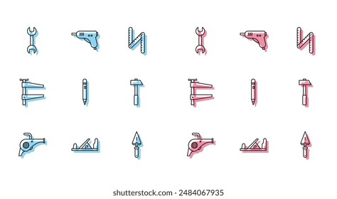 Set line Leaf garden blower, Wood plane tool, Wrench spanner, Trowel, Pencil with eraser, Hammer, Clamp and Electric hot glue gun icon. Vector