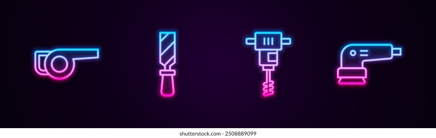 Set Linie Blatt Gartengebläse, Raspel Metallfeile, Elektrische Handbetonmischer und Schleifmaschine. Leuchtendes Neonsymbol. Vektorgrafik