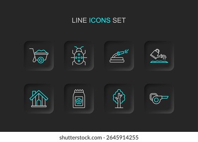 Set line Leaf garden blower, Tree, Pack full of seeds, Farm house, Watering can, Garden hose, Colorado beetle and Wheelbarrow icon. Vector