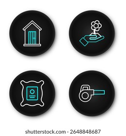 Set line Leaf garden blower, Pack full of seeds of plant, Hand holding flower and Farm house icon. Vector