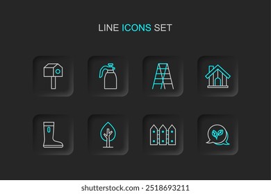 Set line Leaf, Garden fence wooden, Tree, Waterproof rubber boot, Farm house, Wooden staircase, sprayer for water and Bird icon. Vector