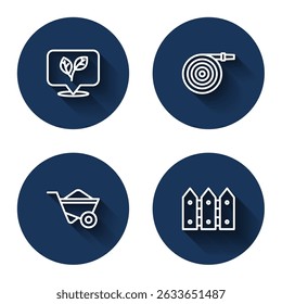 Set line Leaf, Garden hose, Wheelbarrow and fence wooden with long shadow. Blue circle button. Vector