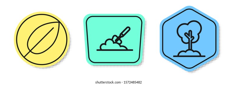 Set line Leaf, Garden trowel spade or shovel in the ground and Tree in the ground. Colored shapes. Vector