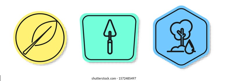Set line Leaf, Garden trowel spade or shovel and Watering Tree. Colored shapes. Vector