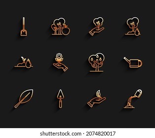Set line Leaf, Garden trowel spade or shovel, Shovel, Sprout in hand of environmental protection, Watering can with water, Hand holding flower,  and Tree pears icon. Vector