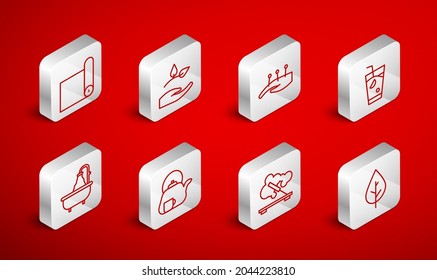 Set line Leaf, in hand, Acupuncture therapy, Fresh smoothie, Scented spa stick, Fitness mat roll, Teapot with and Bathtub icon. Vector