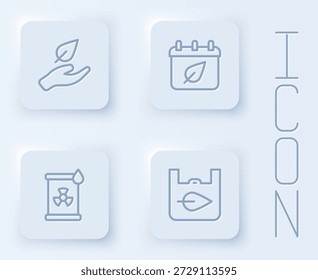 Set line Leaf in hand, Calendar with autumn leaves, Radioactive waste barrel and Shopping bag recycle. White square button. Vector