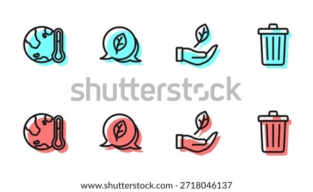 Set line Leaf in hand, Earth melting to global warming, Eco symbol and Trash can icon. Vector