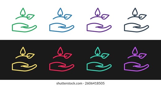 Set line Leaf in hand of environmental protection icon isolated on black and white background. Seed and seedling. Planting sapling. Ecology concept.  Vector