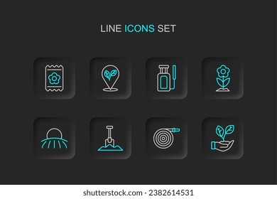 Set line Leaf in hand, Garden hose, Shovel, Sunrise, Flower, sprayer for water, Location with leaf and Pack full of seeds icon. Vector