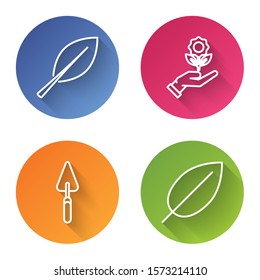 Set line Leaf, Hand holding flower, Garden trowel spade or shovel and Leaf. Color circle button. Vector