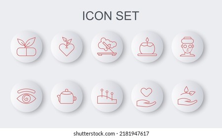 Set line Leaf in hand, Hypnosis, Scented spa stick, Heart, Medical pill with plant, Kettle handle and Acupuncture therapy icon. Vector
