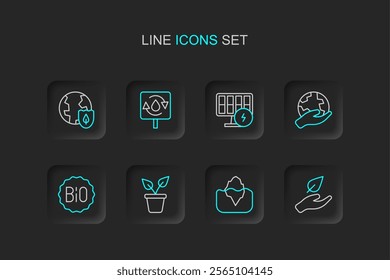 Set line Leaf in hand, Iceberg, Plant pot, Banner for bio, Hand holding Earth globe, Solar energy panel, Recycle clean aqua and with shield icon. Vector