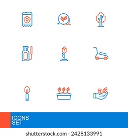 Set line Leaf in hand, Plant pot, Garden trowel spade or shovel, Lawn mower, sprayer for water, Flower tulip, Tree and  icon. Vector