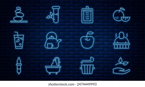 Set line Leaf in hand, Sauna spa procedures, Clipboard with checklist, Teapot cup, Fresh smoothie, Stack hot stones, Apple and Laboratory glass leaves icon. Vector