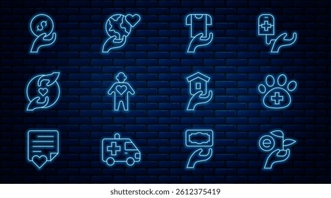 Set line Leaf in hand, Veterinary clinic, Clothes donation, Volunteer, Pleasant relationship, Donation charity, Shelter for homeless and Hand holding Earth globe icon. Vector