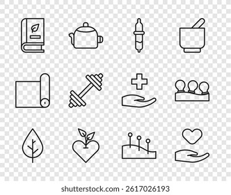 Set line Leaf, Heart in hand, Pipette, Medical book, Dumbbell, Acupuncture therapy and Vacuum cans icon. Vector