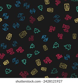 Set line Leaf, Hedgehog, Jar of honey and Tractor on seamless pattern. Vector