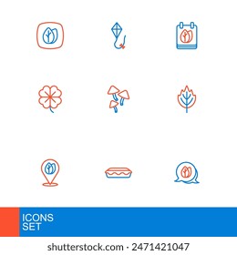 Set line Leaf, Homemade pie, Location with leaf, Four clover, Mushroom, Calendar autumn leaves and Kite icon. Vector