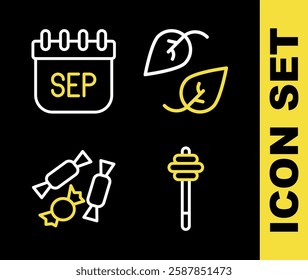 Set line Leaf, Honey dipper stick, Candy and September calendar autumn icon. Vector