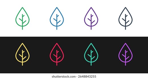 Set line Leaf icon isolated on black and white background. Fresh natural product symbol.  Vector
