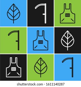 Set line Leaf, Kitchen apron and Scythe icon. Vector