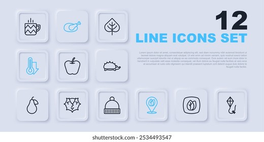 Set Linie Blatt, Drachen, Apfel, Lage mit Blatt, Thermometer, Kastanie, gebratenen Truthahn oder Huhn und Winter Hut Symbol. Vektorgrafik
