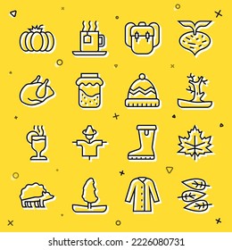 Set line Leaf or leaves, Bare tree, School backpack, Jam jar, Roasted turkey chicken, Pumpkin and Winter hat icon. Vector