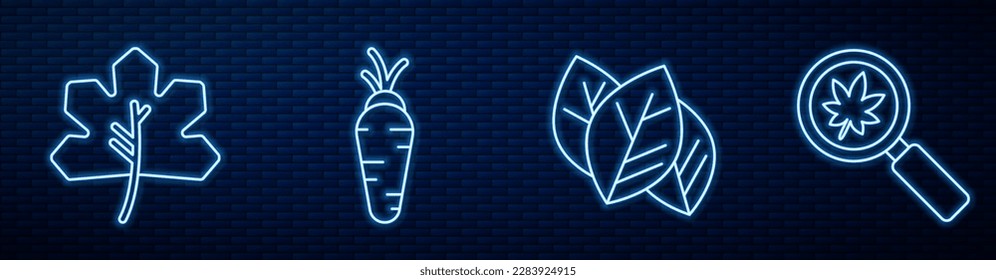 Set line Leaf or leaves, Leaf or leaves, Carrot, Magnifying glass with leaf and Kite. Glowing neon icon on brick wall. Vector