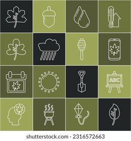 Set line Leaf or leaves, Chalkboard, on mobile phone, Water drop, Cloud with rain,  and Honey dipper stick icon. Vector