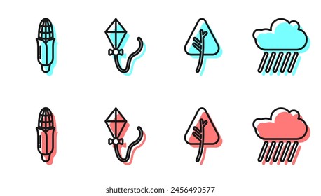 Hoja u hojas, maíz, cometa y nube con icono de lluvia. Vector