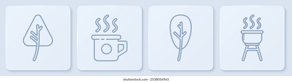 Set line Leaf or leaves, Leaf or leaves, Cup of tea and Barbecue grill. White square button. Vector