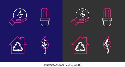 Definir linha Folha ou folhas, Eco House com reciclagem, lâmpada LED e ícone de raio. Vetor