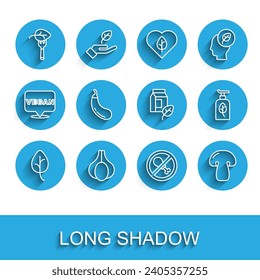 Set line Leaf or leaves, Garlic, Vegan food diet, No meat, Mushroom, Eggplant, Organic cosmetic and milk icon. Vector