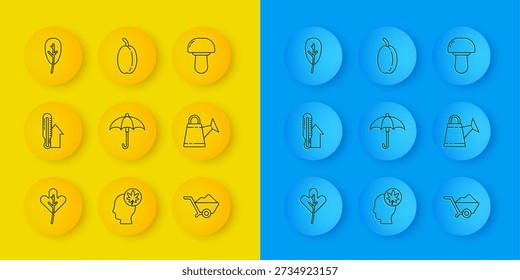Set line Leaf or leaves, Meteorology thermometer, Umbrella, Wheelbarrow with dirt, Watering can, Mushroom and Plum fruit icon. Vector