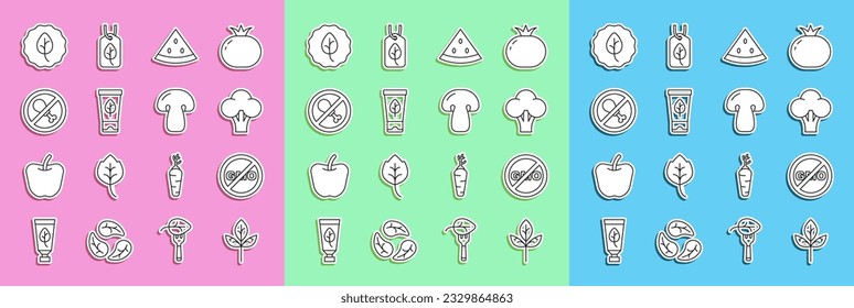 Set line Leaf or leaves, No GMO, Broccoli, Watermelon, Organic cosmetic, meat,  and Mushroom icon. Vector