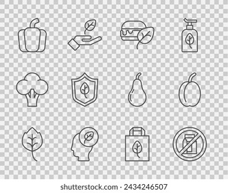 Set line Leaf or leaves, No pack of milk, Vegan food diet, Human head with leaf inside, Bell pepper, Shopping bag recycle and Plum fruit icon. Vector