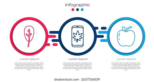 Set line Leaf or leaves, Leaf on mobile phone and Apple. Business infographic template. Vector