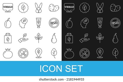 Set line Leaf or leaves, Pear, No GMO, Animal cruelty free, Human head with leaf inside, Plum fruit, Vegan food diet and Organic cosmetic icon. Vector