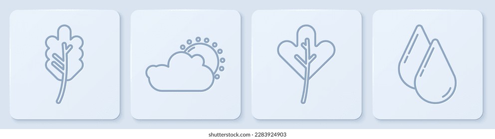 Set line Leaf or leaves, Leaf or leaves, Sun and cloud weather and Water drop. White square button. Vector