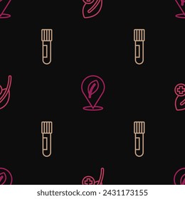 Set line Leaf or leaves, Test tube and flask and Location with leaf on seamless pattern. Vector