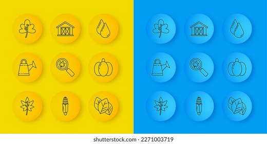 Set line Leaf or leaves, Watering can, Magnifying glass with leaf, Pumpkin, drop and Farm house icon. Vector