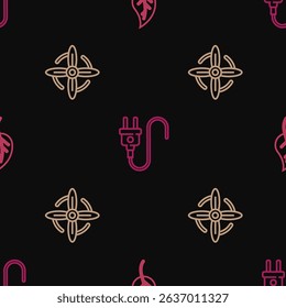 Set line Leaf or leaves, Wind turbine and Electric plug on seamless pattern. Vector