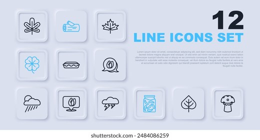 Set line Leaf, Mushroom, Homemade pie, Pickled cucumbers in jar, Four leaf clover, Location with, Wooden log and Cloud and lightning icon. Vector