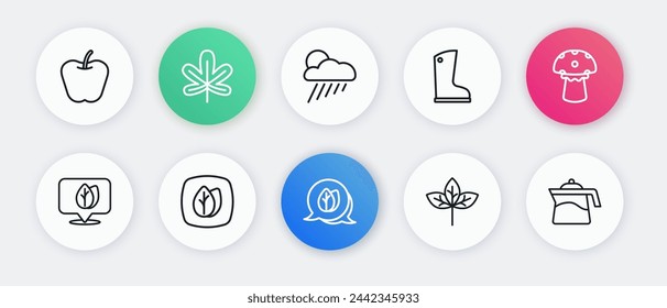 Set line Leaf, Mushroom, Location with leaf, Waterproof rubber boot, Cloud rain and sun, Teapot and  icon. Vector
