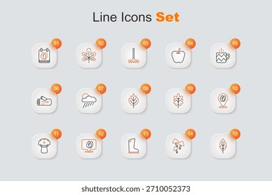 Set línea hoja, seta, bota de goma impermeable, Locación con hoja, y el icono. Vector