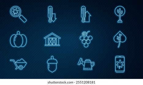 Set line Leaf on mobile phone, or leaves, Meteorology thermometer, Farm house, Pumpkin, Magnifying glass with leaf, Grape fruit and  icon. Vector