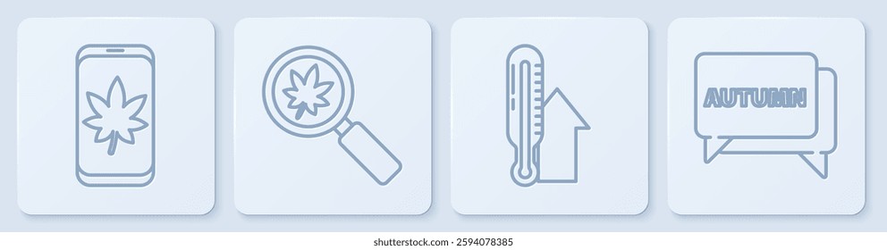 Set line Leaf on mobile phone, Meteorology thermometer, Magnifying glass with leaf and Speech bubble with text autumn. White square button. Vector