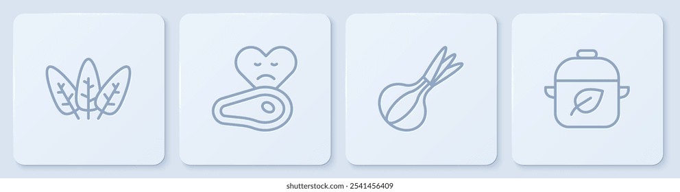 Set line Leaf, Onion, Steak meat and Vegan food diet. White square button. Vector