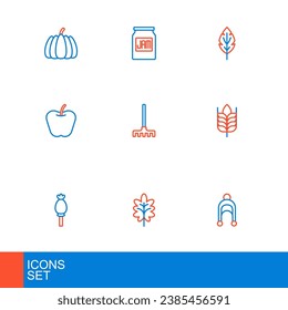 Set line Leaf, Opium poppy, Wheat, Apple, Garden rake,  and Jam jar icon. Vector